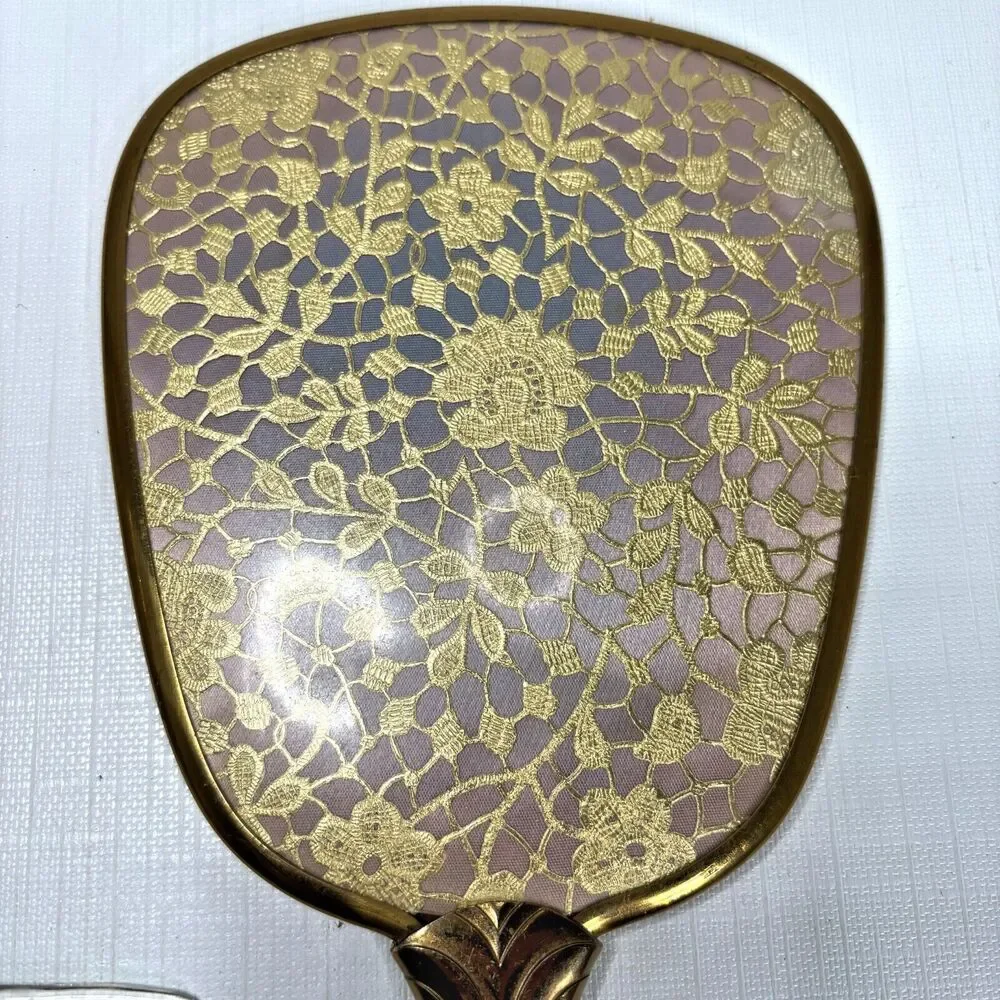 Vanity Gold Lace Dresser Set Hand Mirror Brush Comb Floral 70s Vintage 3 Pcs